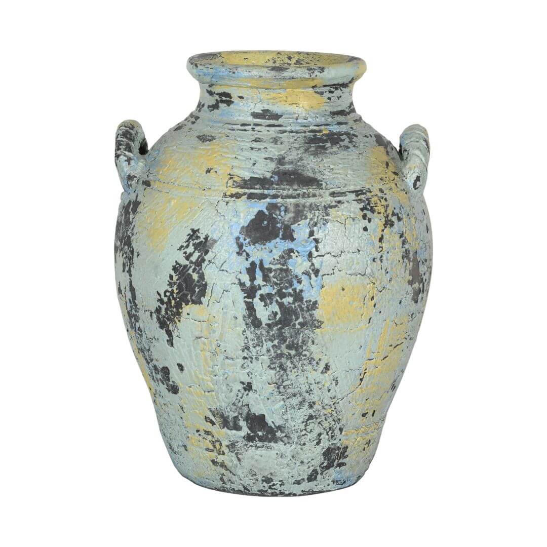 Rustic Indian Vintage-Inspired Clay Flower Pot Vase – Distressed Blue & Yellow