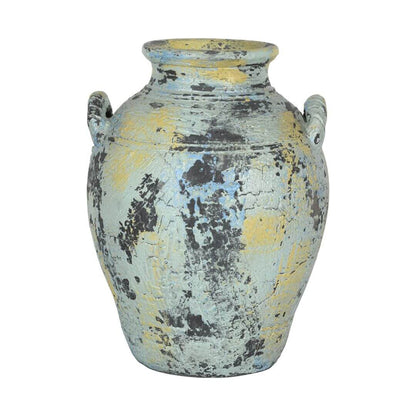 Rustic Indian Vintage-Inspired Clay Flower Pot Vase – Distressed Blue & Yellow