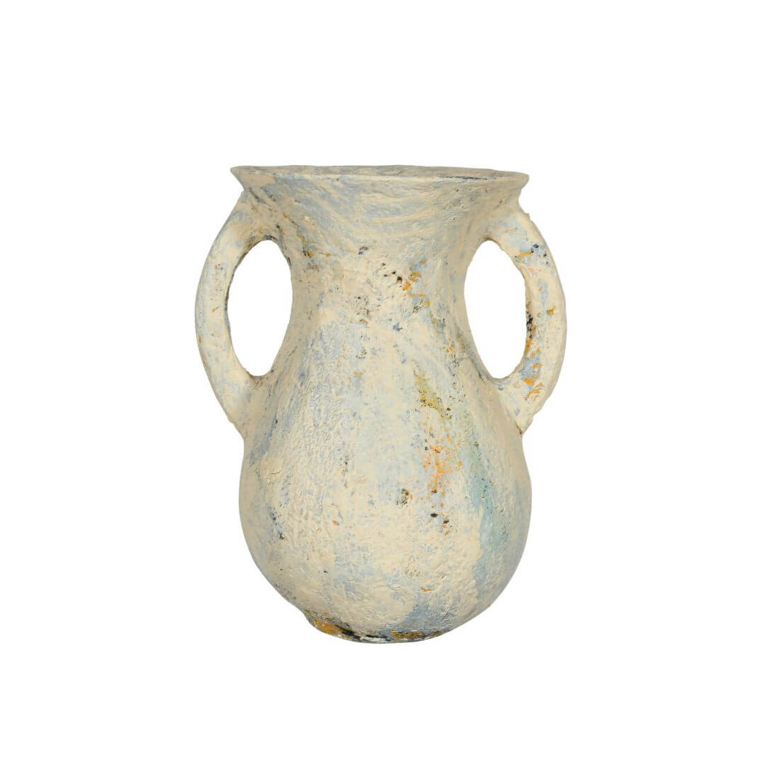 Rustic Indian Vintage-Inspired Papier Mâché Flower Pot Vase – Distressed Cream & Blue