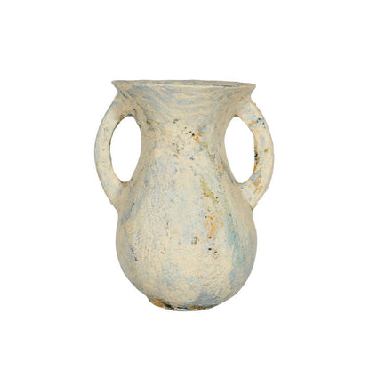 Rustic Indian Vintage-Inspired Papier Mâché Flower Pot Vase – Distressed Cream & Blue