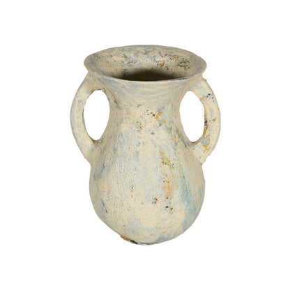 Rustic Indian Vintage-Inspired Papier Mâché Flower Pot Vase – Distressed Cream & Blue