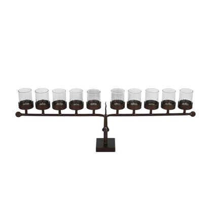 Vintage Indian Iron 10 Arm Tealight Candelabra with Glass Covers