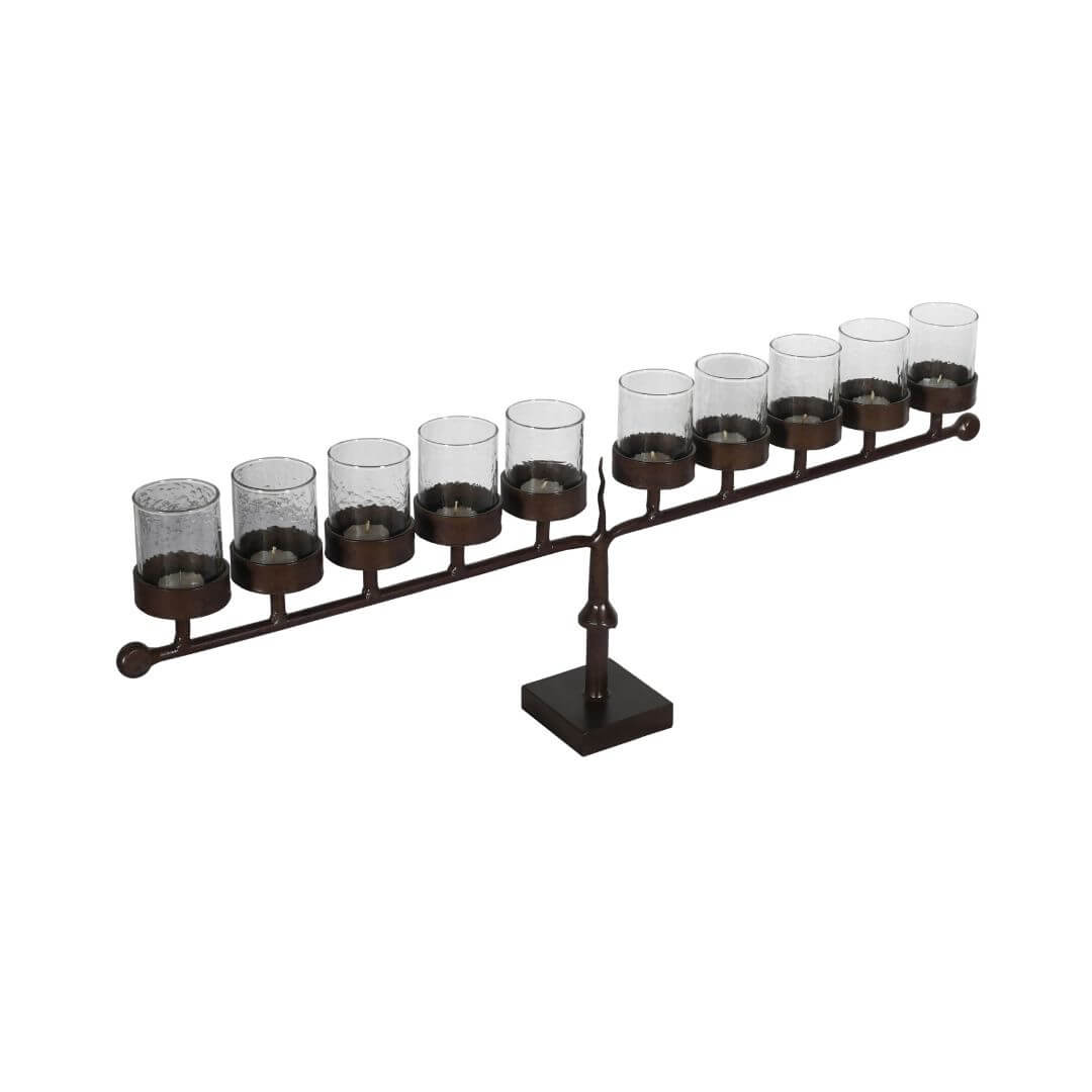Vintage Indian Iron 10 Arm Tealight Candelabra with Glass Covers