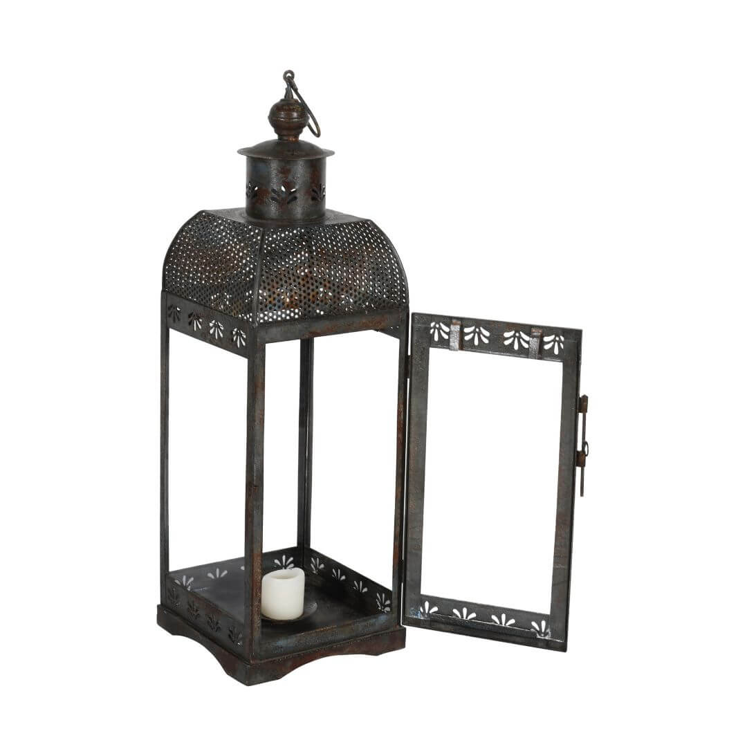 Indian Artisan Made Heavyweight Iron and Glass Vintage-Inspired Candle Lantern