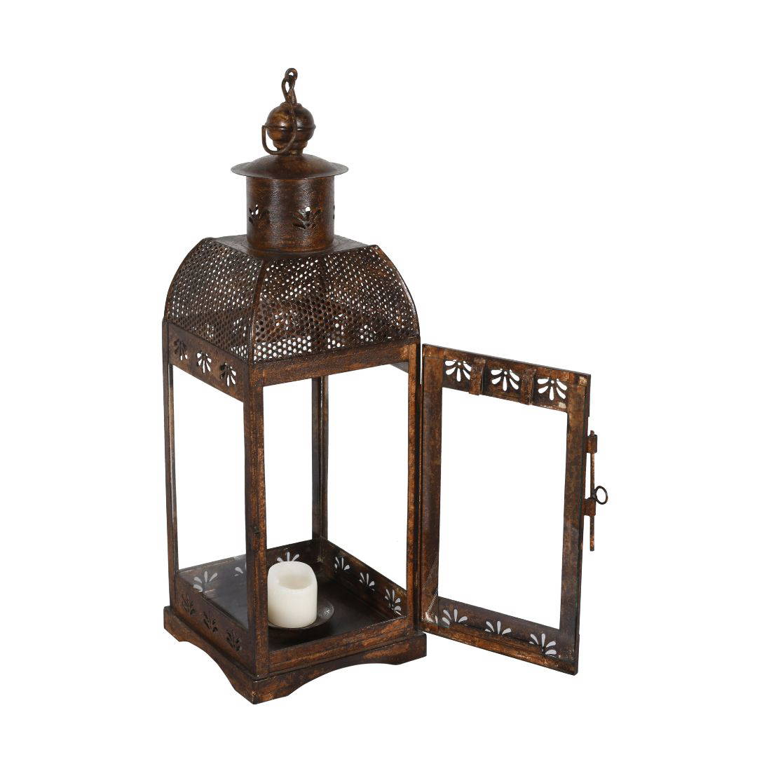 Indian Artisan Made Heavyweight Iron and Glass Vintage-Inspired Candle Lantern