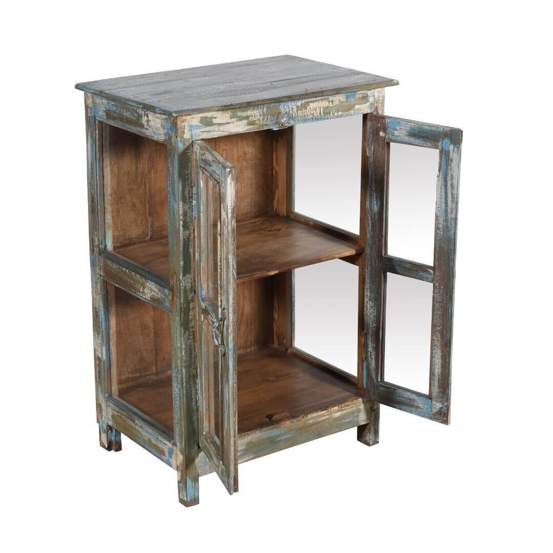Original Antique Indian Painted Teak Wood Almirah Glass Cabinet - 1920s