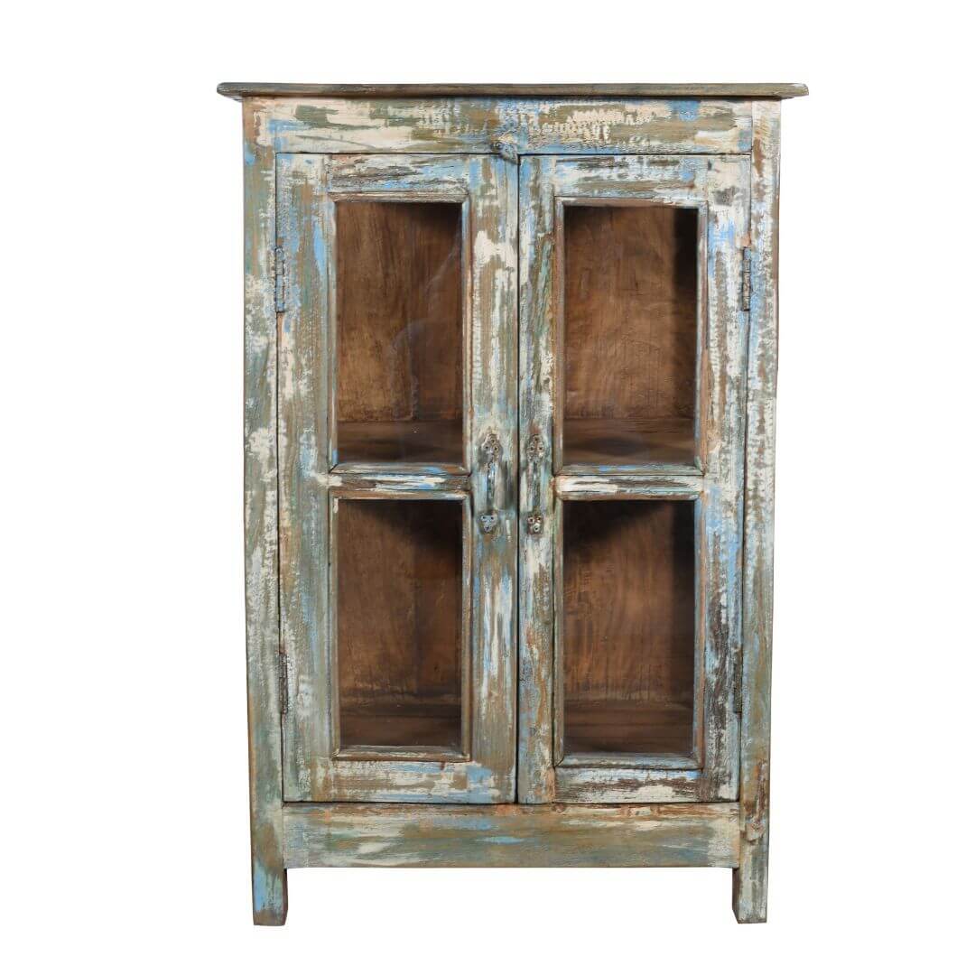 Original Antique Indian Painted Teak Wood Almirah Glass Cabinet - 1920s