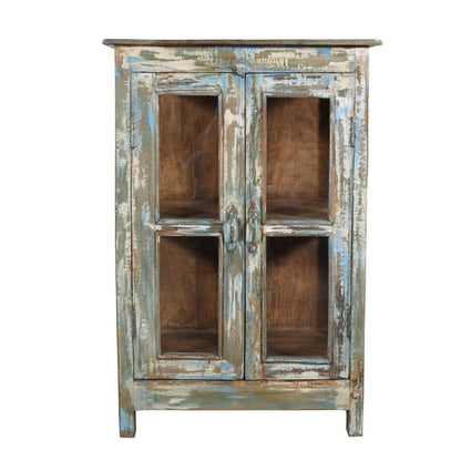 Original Antique Indian Painted Teak Wood Almirah Glass Cabinet - 1920s