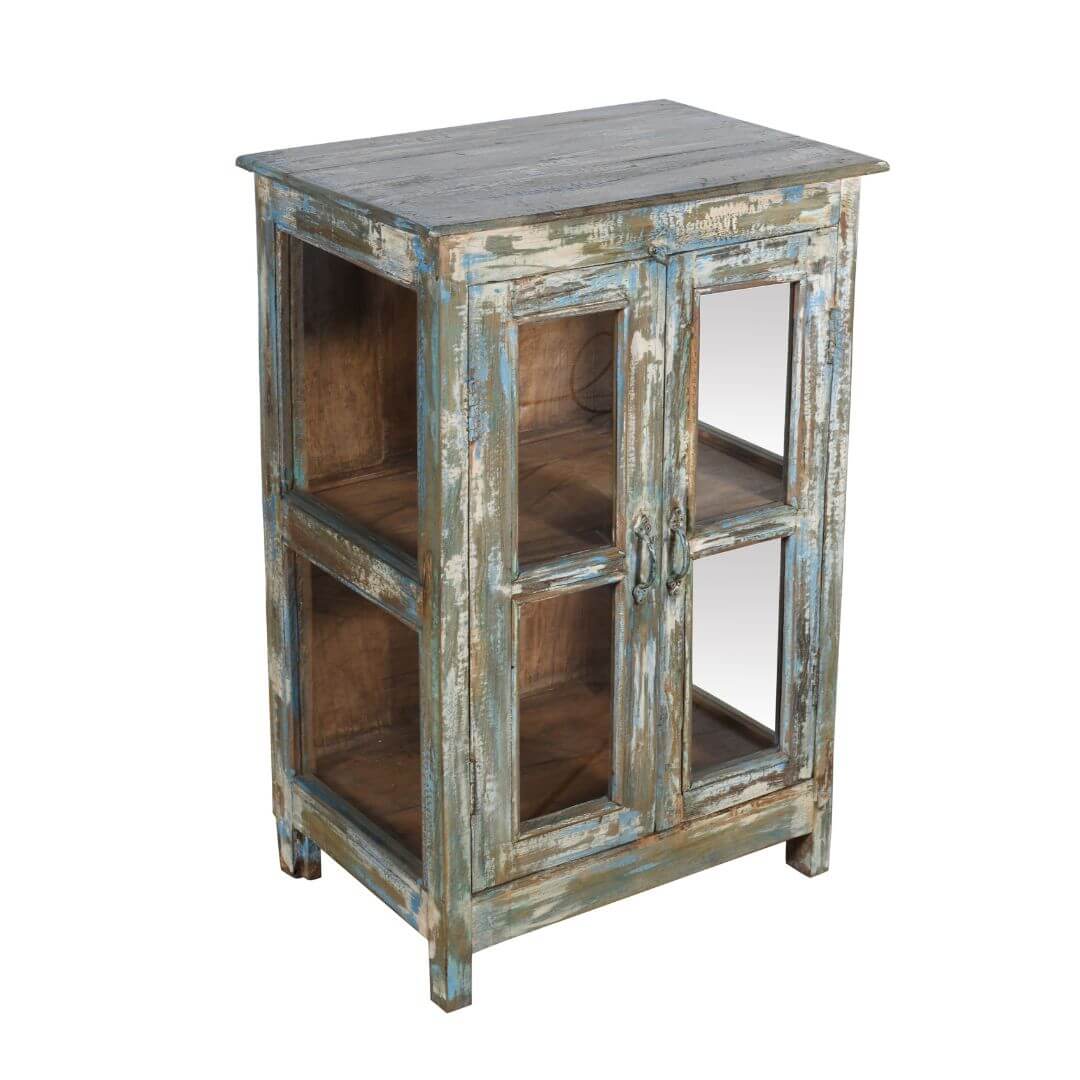 Original Antique Indian Painted Teak Wood Almirah Glass Cabinet - 1920s