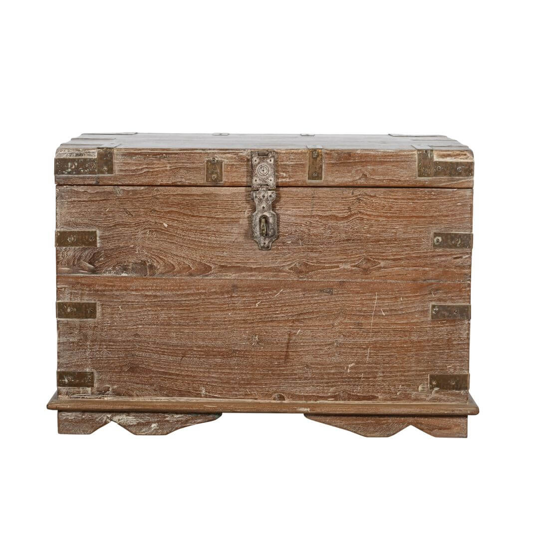 Original Antique Indian Teak Wood Treasure Chest Coffee Table - 1890s