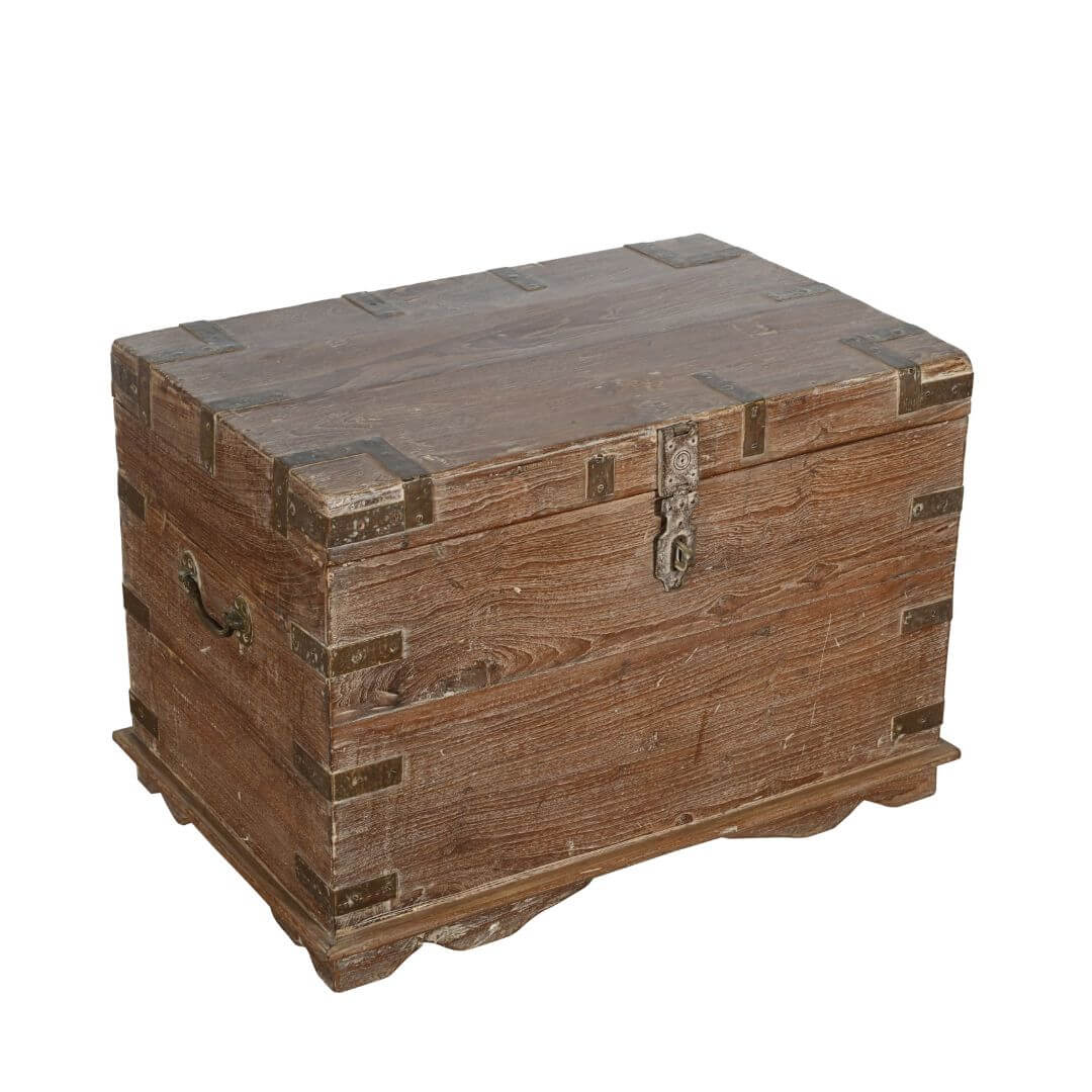 Original Antique Indian Teak Wood Treasure Chest Coffee Table - 1890s