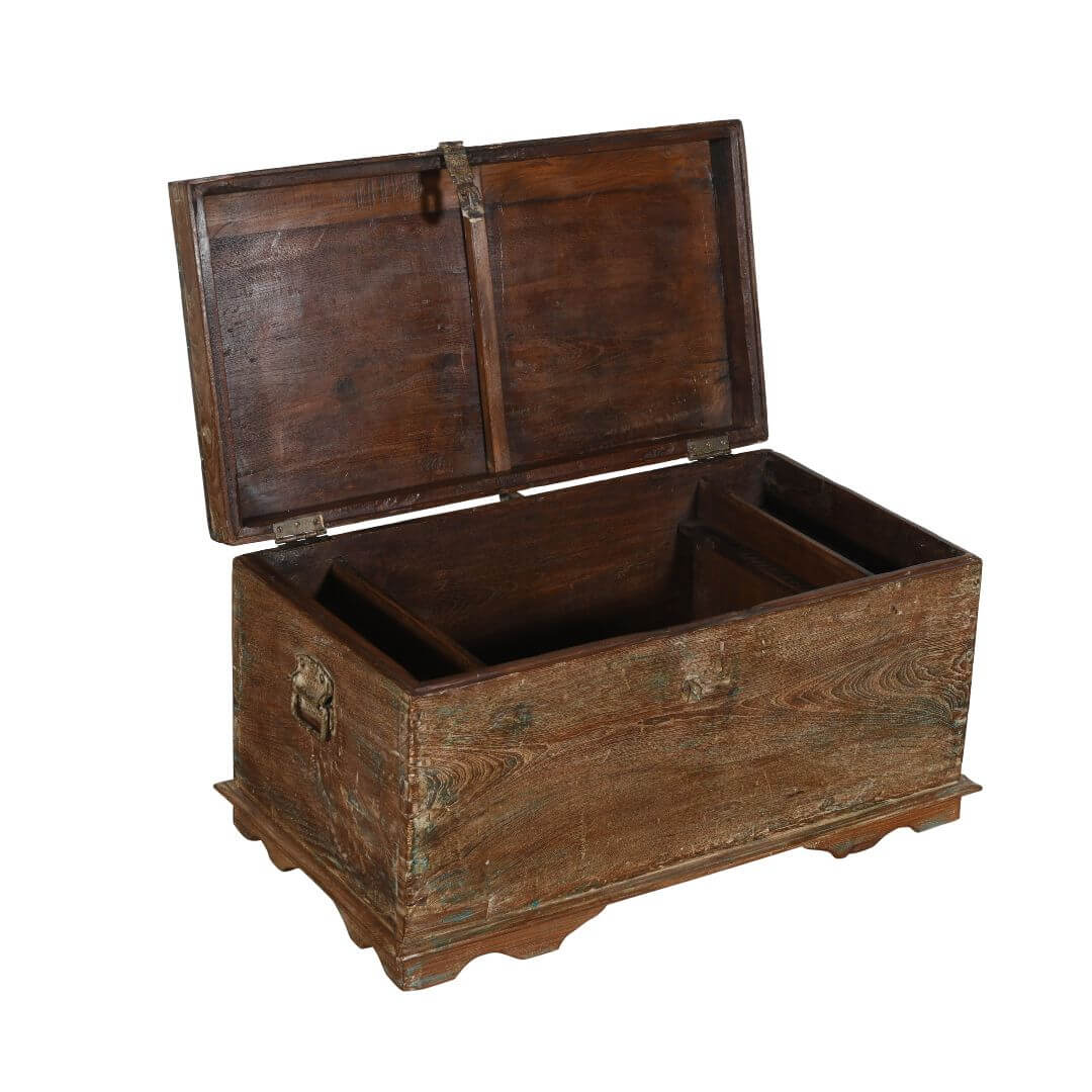 Original Antique Indian Teak Wood Treasure Chest Coffee Table - 1890s