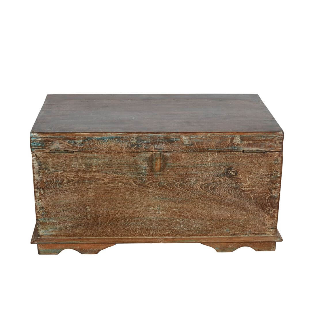 Original Antique Indian Teak Wood Treasure Chest Coffee Table - 1890s