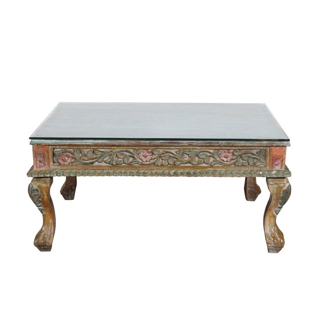 Original Antique Indian Teak Wood Thakat Coffee Table with Glass Top - c1890