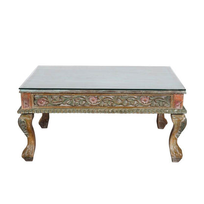 Original Antique Indian Teak Wood Thakat Coffee Table with Glass Top - c1890