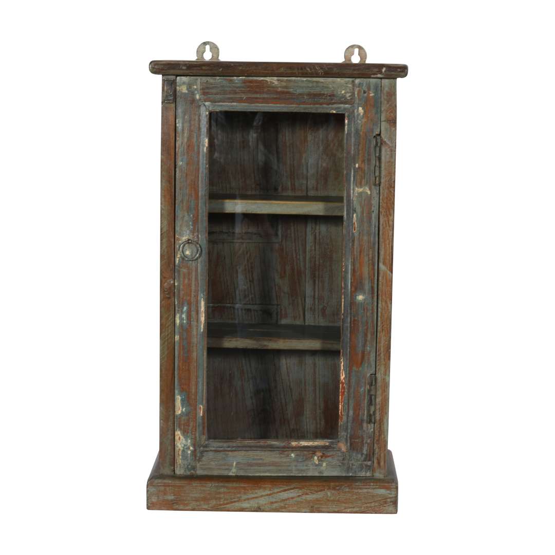 Antique Indian Teak Wood Glass Wall-Mounted Cabinet – c.1920