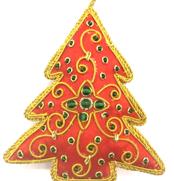 INDIAN ARTISAN MADE RED SATIN CHRISTMAS TREE HANGING DECORATION WITH GOLD BROCADE AND BEADING