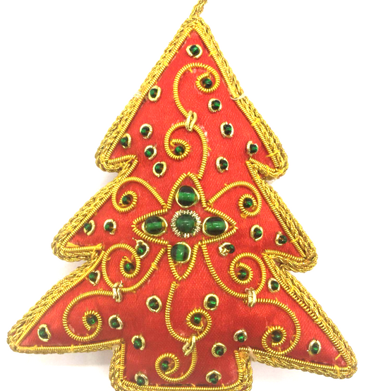 INDIAN ARTISAN MADE RED SATIN CHRISTMAS TREE HANGING DECORATION WITH GOLD BROCADE AND BEADING
