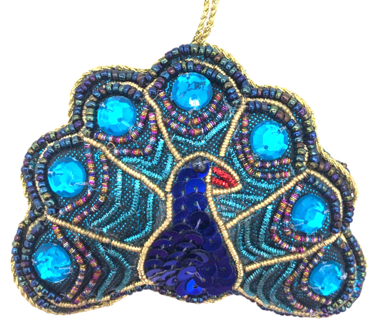 INDIAN ARTISAN MADE SATIN & BEADWORK PEACOCK HANGING DECORATION