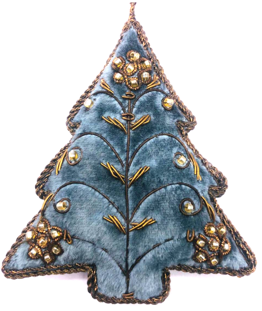 INDIAN ARTISAN MADE MARINE BLUE VELVET CHRISTMAS TREE HANGING DECORATION WITH GOLD BROCADE AND BEADING