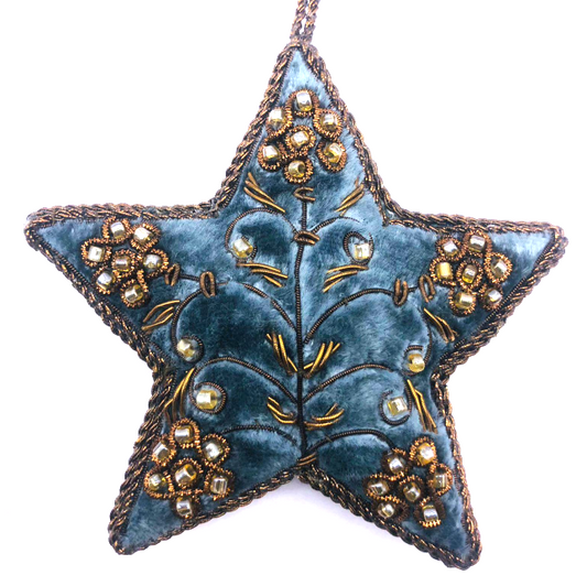 INDIAN ARTISAN MADE MARINE BLUE VELVET STAR HANGING DECORATION WITH GOLD BROCADE AND BEADING