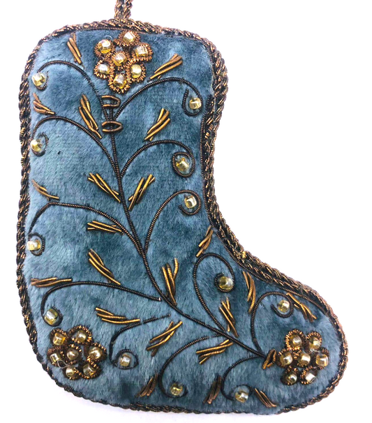 INDIAN ARTISAN MADE MARINE BLUE VELVET STOCKING HANGING DECORATION WITH GOLD BROCADE AND BEADING
