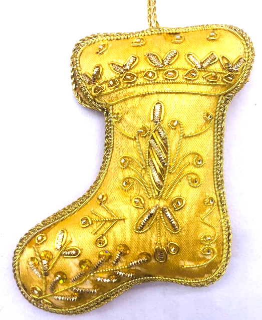 INDIAN ARTISAN MADE GOLD SATIN STOCKING HANGING DECORATION WITH GOLD BROCADE AND BEADING