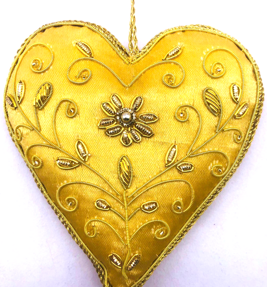 INDIAN ARTISAN MADE GOLD SATIN HEART HANGING DECORATION WITH GOLD BROCADE AND BEADING