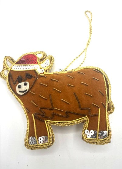 INDIAN ARTISAN MADE SATIN & BEADWORK HIGHLAND COW HANGING DECORATION