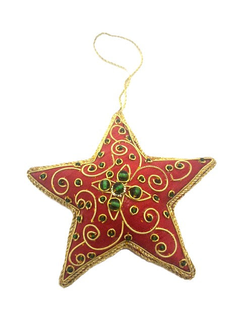 INDIAN ARTISAN MADE RED SATIN STAR HANGING DECORATION WITH GOLD BROCADE AND BEADING