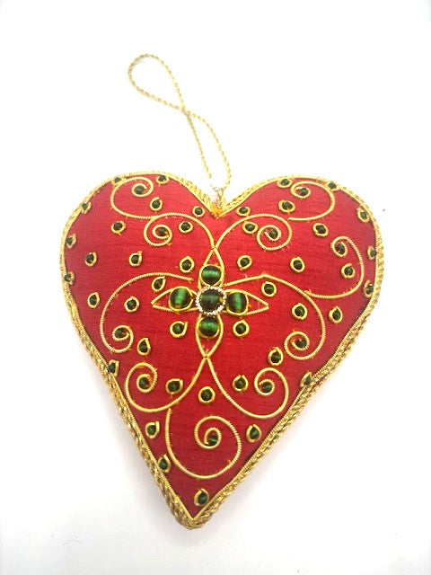 INDIAN ARTISAN MADE RED SATIN HEART HANGING DECORATION WITH GOLD BROCADE AND BEADING