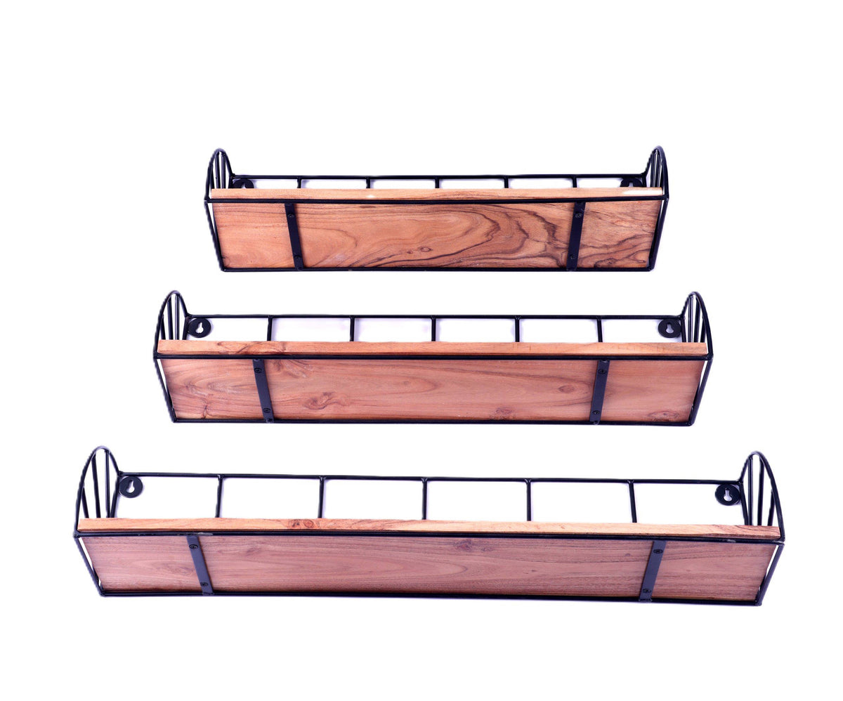 Indian Artisan Made Fairtrade Set Of 3 Acacia Wood And Iron Graduating Wall Shelves