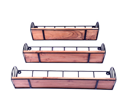 Indian Artisan Made Fairtrade Set Of 3 Acacia Wood And Iron Graduating Wall Shelves