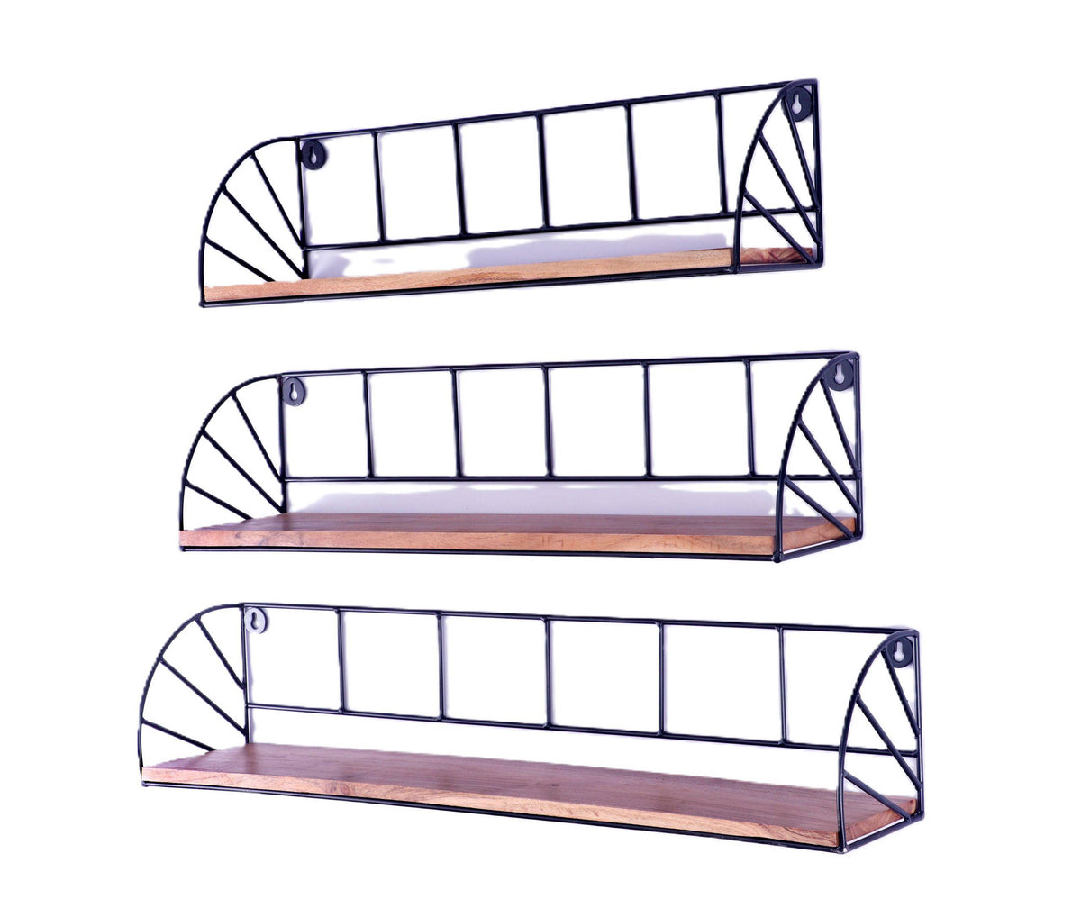 Indian Artisan Made Fairtrade Set Of 3 Acacia Wood And Iron Graduating Wall Shelves