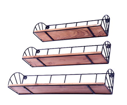 Indian Artisan Made Fairtrade Set Of 3 Acacia Wood And Iron Graduating Wall Shelves