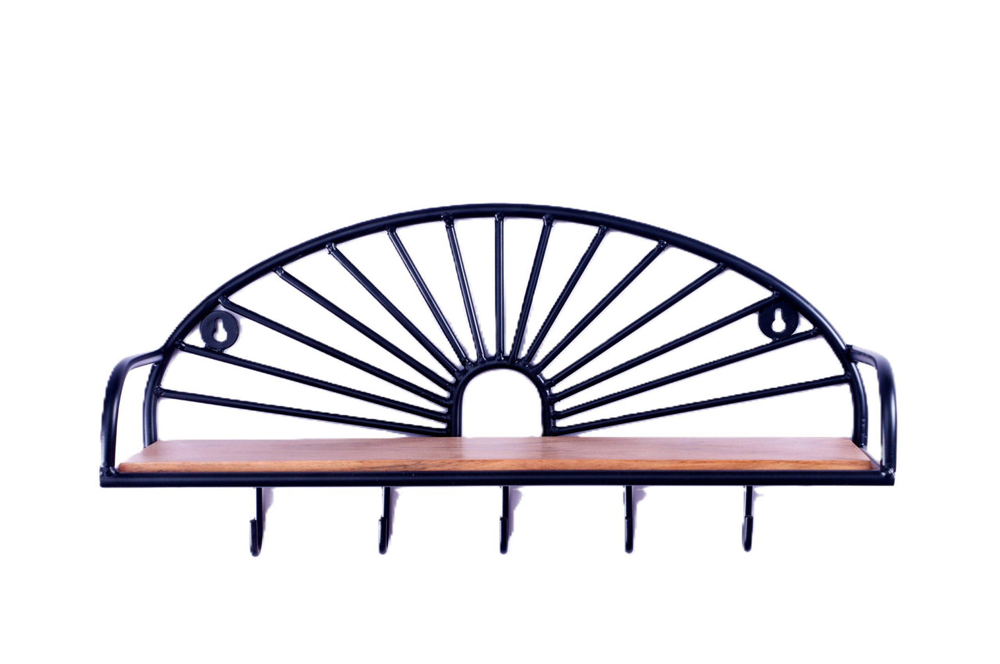 Indian Artisan Made Fairtrade Sunburst Acacia Wood And Iron Wall Shelf