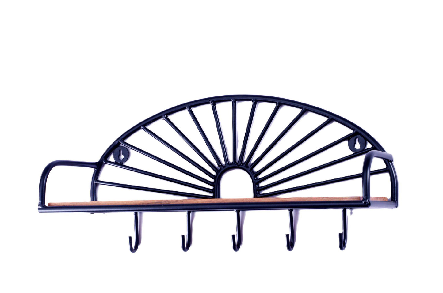 Indian Artisan Made Fairtrade Sunburst Acacia Wood And Iron Wall Shelf
