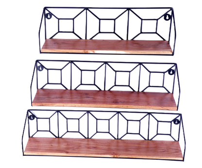 Indian Artisan Made Fairtrade Set Of 3 Acacia Wood And Iron Graduating Wall Shelves
