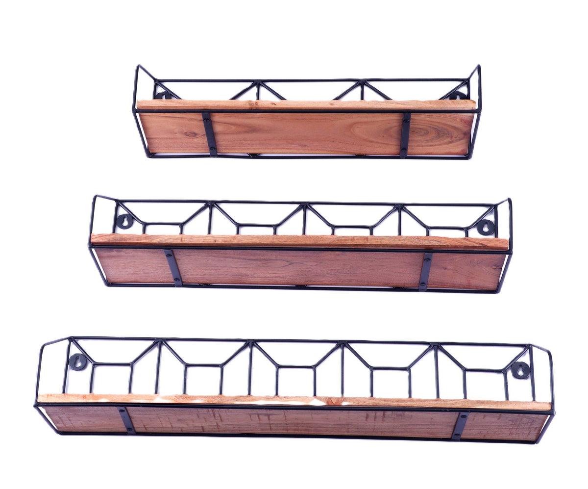 Indian Artisan Made Fairtrade Set Of 3 Acacia Wood And Iron Graduating Wall Shelves