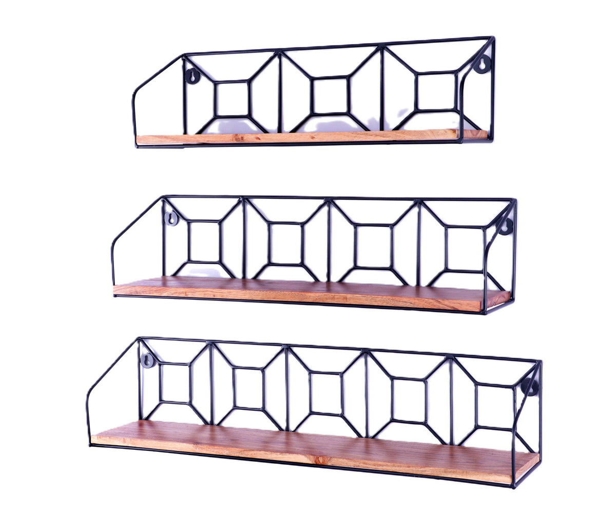 Indian Artisan Made Fairtrade Set Of 3 Acacia Wood And Iron Graduating Wall Shelves