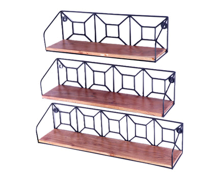 Indian Artisan Made Fairtrade Set Of 3 Acacia Wood And Iron Graduating Wall Shelves