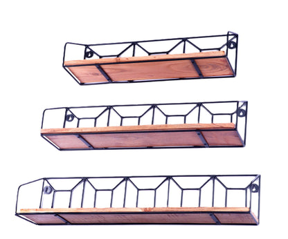 Indian Artisan Made Fairtrade Set Of 3 Acacia Wood And Iron Graduating Wall Shelves