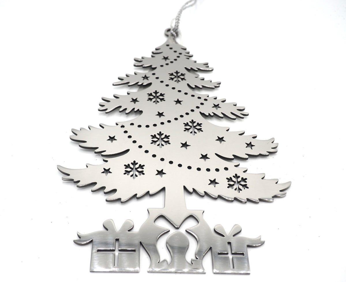 Christmas Tree With Presents Hanging Christmas Decoration On Silver Thread