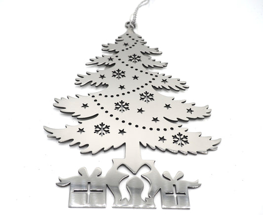 Christmas Tree With Presents Hanging Christmas Decoration On Silver Thread