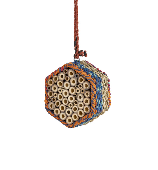 Munja And Reclaimed Sari Fabric Hanging Bee Home - Hexagon