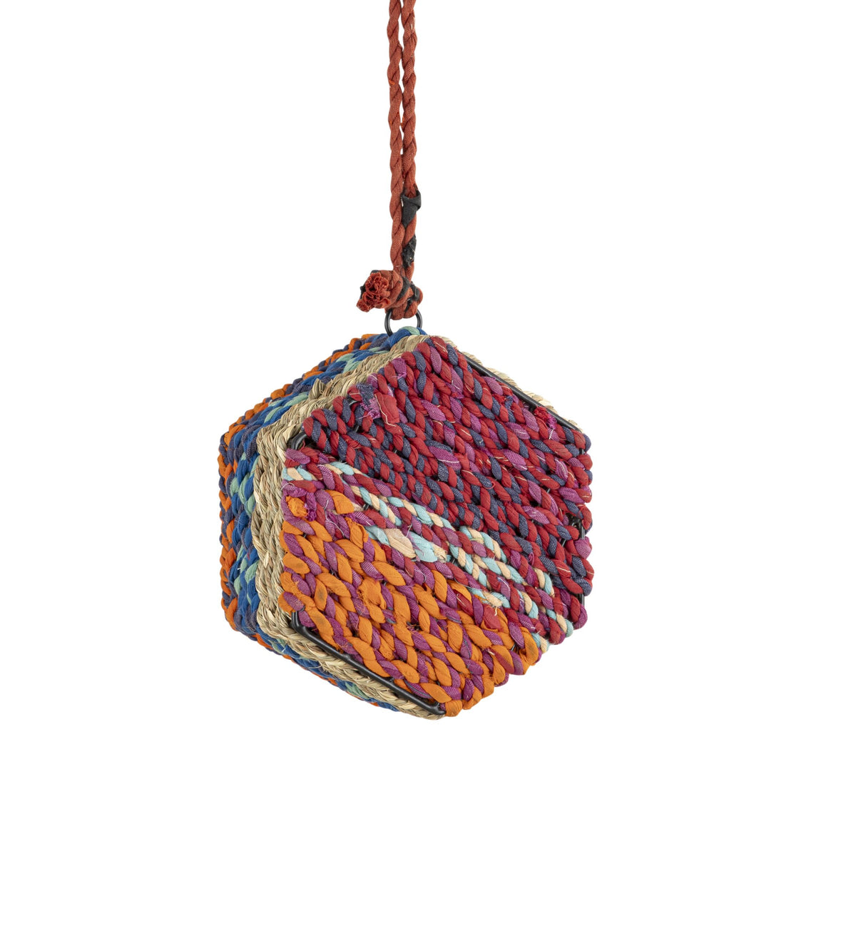 Munja And Reclaimed Sari Fabric Hanging Bee Home - Hexagon