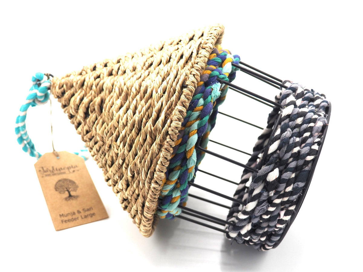 Munja And Reclaimed Fabric Eco Hanging Bird Feeder With Removable Metal Base - Large