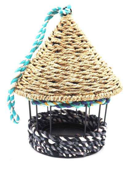 Munja And Reclaimed Fabric Eco Hanging Bird Feeder With Removable Metal Base - Large