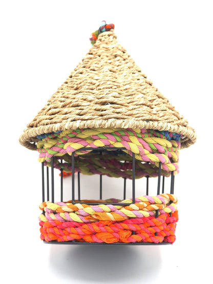 Munja And Reclaimed Fabric Eco Hanging Bird Feeder With Removable Metal Base - Large