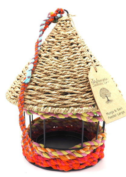 Munja And Reclaimed Fabric Eco Hanging Bird Feeder With Removable Metal Base - Large